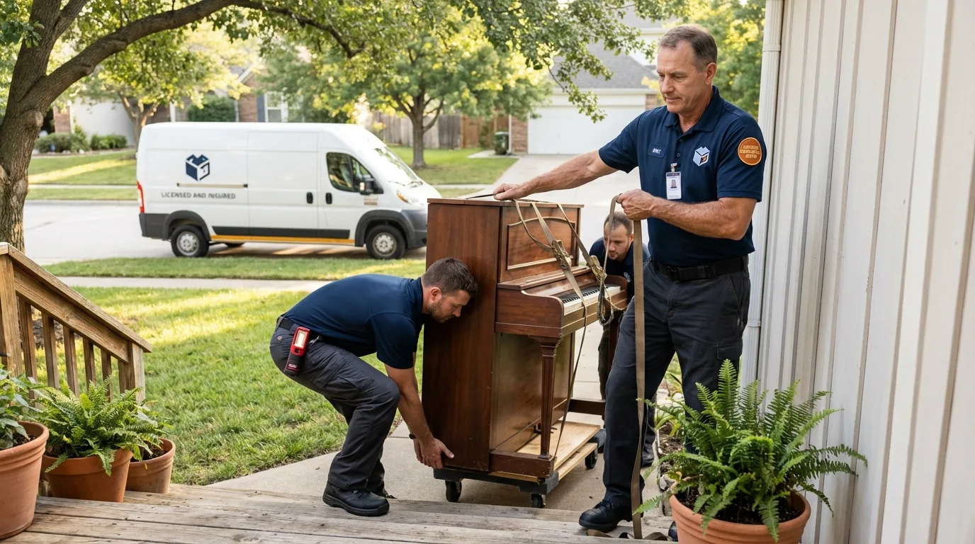 Licensed piano movers securing grand piano in Bellevue, NE