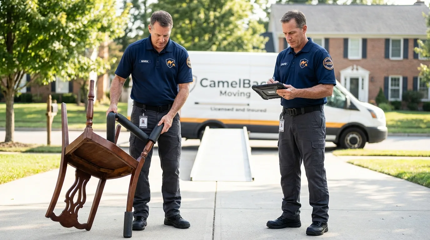 Movers inspecting furniture for damage prevention before loading in Bellevue, NE