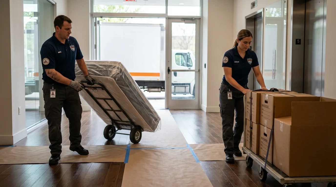 Professional apartment movers loading elevator in Bellevue, NE